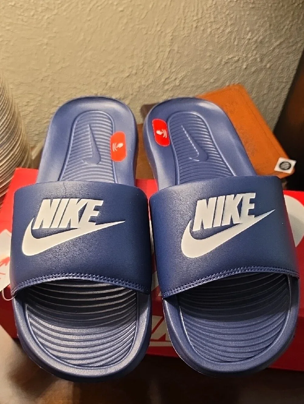 Nike Victori One Navy Blue Slides with White Swoosh Mens 8/Womens 10
